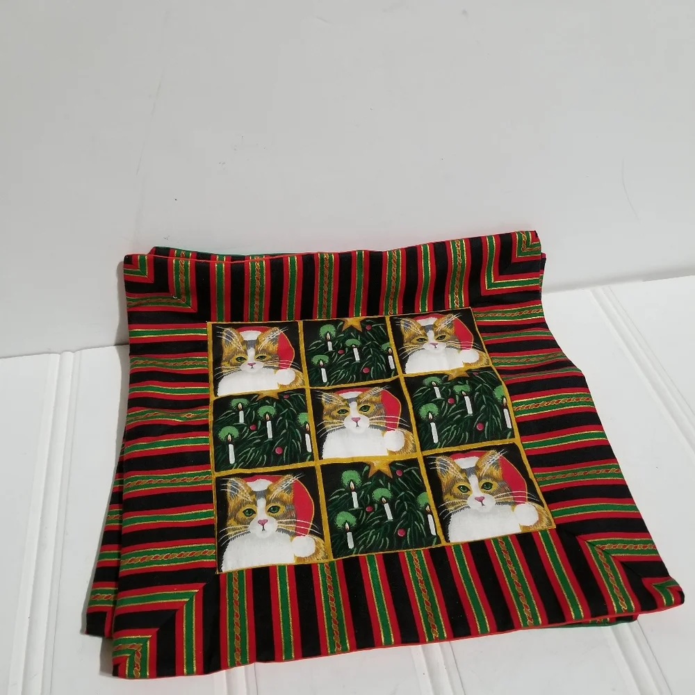 Vintage Cat Patchwork Throw Pillow Cover Set OS Christmas Holiday Red Green Gold